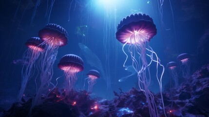 Ethereal Jellyfish Swimming in a Deep Sea Environment