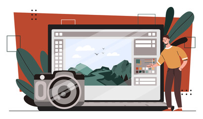 Wall Mural - workshop processing photo concept. man with camera near laptop. creativity and art. freelancer and d