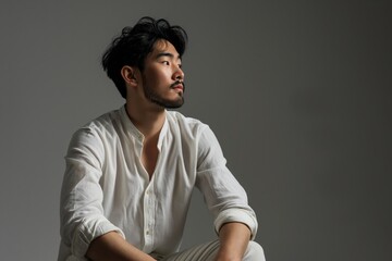 Wall Mural - Young hadsome serious bearded Korean man sits against grey background with space for text