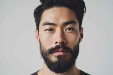 Wall Mural - Close up portrait of young hadsome serious bearded Japanese man on the grey background