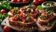 A rustic board featuring classic bruschetta - grilled ciabatta slices topped with a vibrant mix