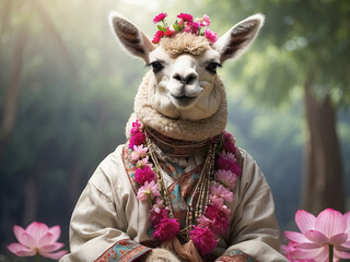 Sticker - Portrait of a llama wearing a traditional costume with flowers in the garden. Generative Ai