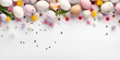 Easter eggs in a nest, Beautiful Easter banner with spring flowers and colorful quail eggs over white background. Springtime and Easter holiday concept with copy space. copy space on background, Ai