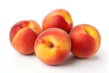 A close-up image of five ripe peaches with a mix of red and yellow hues, isolated on a white background.