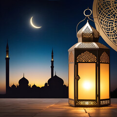 The holy month of Muslims Ramadan Karim, decorative Arabic lantern with a burning candle on the background of a mosque at night