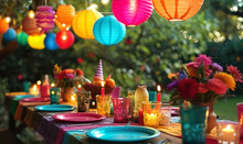Vibrant Outdoor Party Setting With Colorful Decorations, Paper Lanterns, Party Hats, And A Festive Table Set For A Joyful Celebration In A Lush Garden