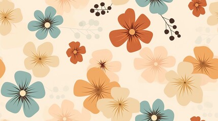 Canvas Print - seamless pattern. Groovy flowers, hippie aesthetic.Seamless vintage retro pattern with flowers, leaves, twigs and other elements of nature in light beige shades.Psychedelic wallpaper. 