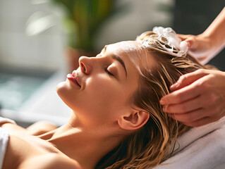 the process of applying a hair care mask in a beauty salon
