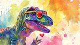 Cute dinosaur baby T-rex with heart. Holiday banner. Watercolor hand drawing. Birthday greeting card