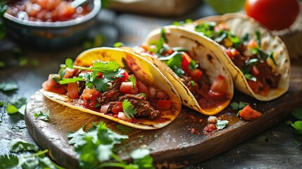 Beef tacos with tomato sauce and salsa from Mexico, close shot, Generative AI.
