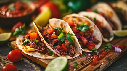 Beef tacos with tomato sauce and salsa from Mexico, close shot, Generative AI.