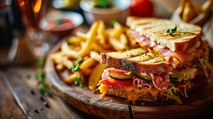 Wall Mural - Cheese, cucumber, tomato, and smoked bacon club sandwich in an up close shot, delicious, Generative AI.