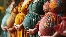 Slow Movement Of A Group Of Pregnant Women In A Row, Expecting A Child, Motherhood.