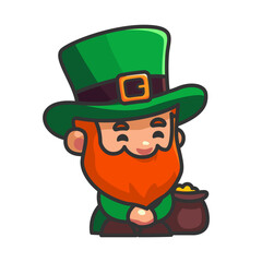 Wall Mural - Leprechauns in green costumes with pot of gold coins and hat isolated cartoon character. Irish bearded gnome, happy holidays. St. Patrick day. High quality vector illustration.