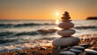 © Asad - a serene and calming instrumental music track that complements the Zen concept of a stack of stones on the sea shore at sunset.