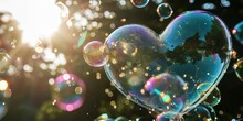 Beautiful Soap Bubbles In The Shape Of A Heart On Bokeh Background