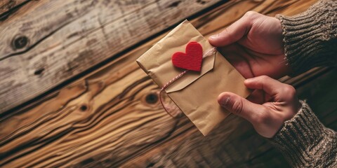 Wall Mural - hands holding craft envelope with red hearts on rustic wooden background.