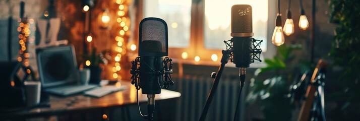 Wall Mural - Professional podcast setup with microphone and bokeh lights, creating a cozy recording atmosphere