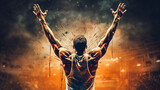 Fototapeta Sport - Rear view of a basketball player with his arms in the air, man with arms outstretched, person with arms raised in the sky, Ai generated image 