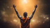 Fototapeta Sport - Rear view of a basketball player with his arms in the air, man with arms outstretched, person with arms raised in the sky, Ai generated image 
