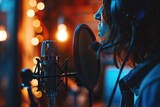 Fototapeta  - Woman podcaster speaking into studio mic, ambient lighting creates vibrant podcasting atmosphere