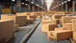 © LOPH Studio - Many cardboard box parcels move along a conveyor belt at a warehouse.