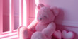 Rosa Teddybär mit Kissen auf dem Bett mit pinken Hintergrund, ai generativ