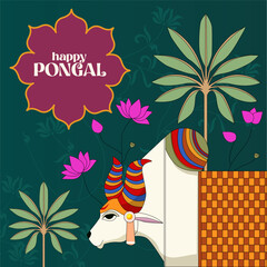 Wall Mural - Pongal Celebration Greeting Card Overflowing Clay Pot, Abundant Rice, Sugarcane, Bananas, Leaves on Vibrant Green Background