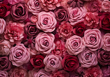 Beautiful Pink Rose And Red Artificial Roses As A Background. Valentine's Day Background