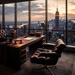 leather chair with desk and view of Manhattan skyline