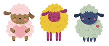 Character Sheep Pink, Green And Yellow. Set Of Cute Cartoon Illustration. Design For Kids, Girls, Boys. A Collection Of Vector Illustration. Love Concept In Cartoon Style. Cute Sheep With Heart