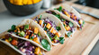 Mexican street food poke tacos with vegetables, salad, avocado, fish. cultures mix fusion. Generative AI