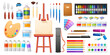 Art supplies set vector illustration. Cartoon style drawing set. Back to school, workshop, paint craft flat style concept. Painting accessories and art tools for icon, sticker, logo, print.