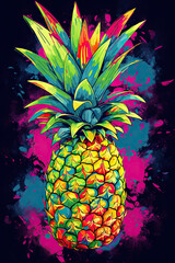  Painting of a Pineapple on Black Background - Minimalist Tropical Artwork for Modern Decor