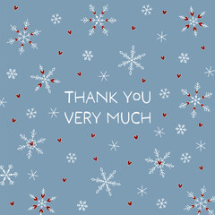 Thank you very much - Schriftzug in englischer Sprache - Vielen Dank. Quadratische Dankeskarte mit Schneekristallen und Herzen auf himmelblauem Hintergrund.