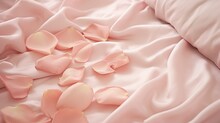 Pink Rose Petals Scattered Over Silk Satin Bed Sheets. Romantic Visual.