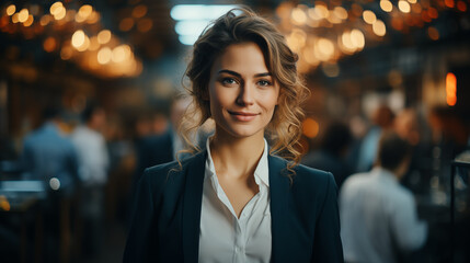 Wall Mural - Young businesswoman with curly hair, wearing a blue blazer over a white blouse, looks confidently into the camera. portrait of a woman