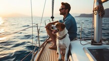 Harmony Unleashed, A Serene Rendezvous Of Man And Dog On A Tranquil Boat Amid Natures Embrace