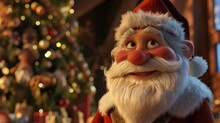 Enigmatic Santa Claus Gazing Fondly At A Majestic Christmas Tree, Illuminating The Surrounding Presents With Joyful Anticipation