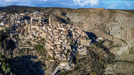 Poster - One of the most beautiful ancient villages of Spain - scenic Bocairent Valencia provice. Aerial drone high angle view