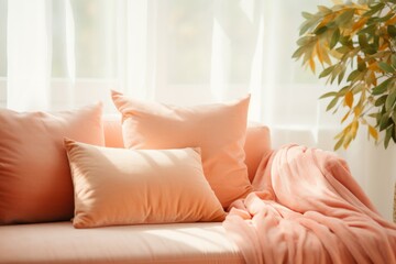 Canvas Print - Pillow in trendy color Peach Fuzz. Background with selective focus and copy space