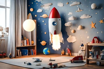 Wall Mural - A space-themed lamp in a child's bedroom, resembling a rocket ship, inspiring dreams of intergalactic adventures.