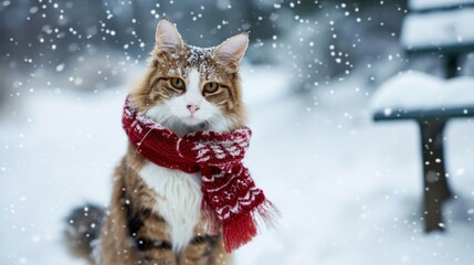 Whiskers in Winter, A Cozy Feline Ambassador Dons a Snowy Scarf to Brave the Frosty Wonderland