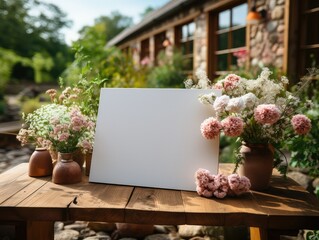 Mockup of a white canvas on an easel as a welcome sign at wedding party