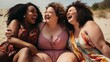 © ArtistryAlchemy - Group of plus size female friends laughing happily on the beach, expressing love for yourself.