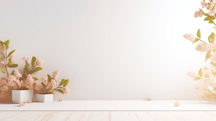 Blank white drawing canvas on mint soft yellow colored surface with spring leaves in white pot. Spring Summer Eco design banner copy space template