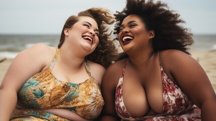 Two plus size women laughing happily on the beach, expressing love for yourself.