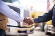 close-up of a handshake with a semi-truck in the background