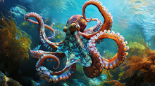 The Octopus, Like A Living Rainbow, Soars Over The Bottom Of The Ocean, Reviving The Underwater Wo