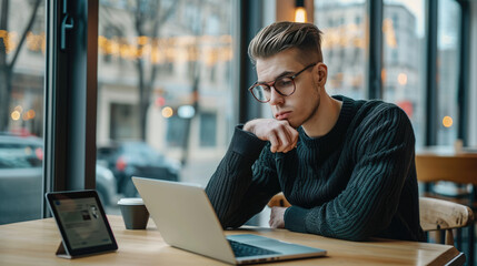 Canvas Print - Man sitting at a table in a cafe and looking at a laptop screen, with a coffee cup and smartphone on the table